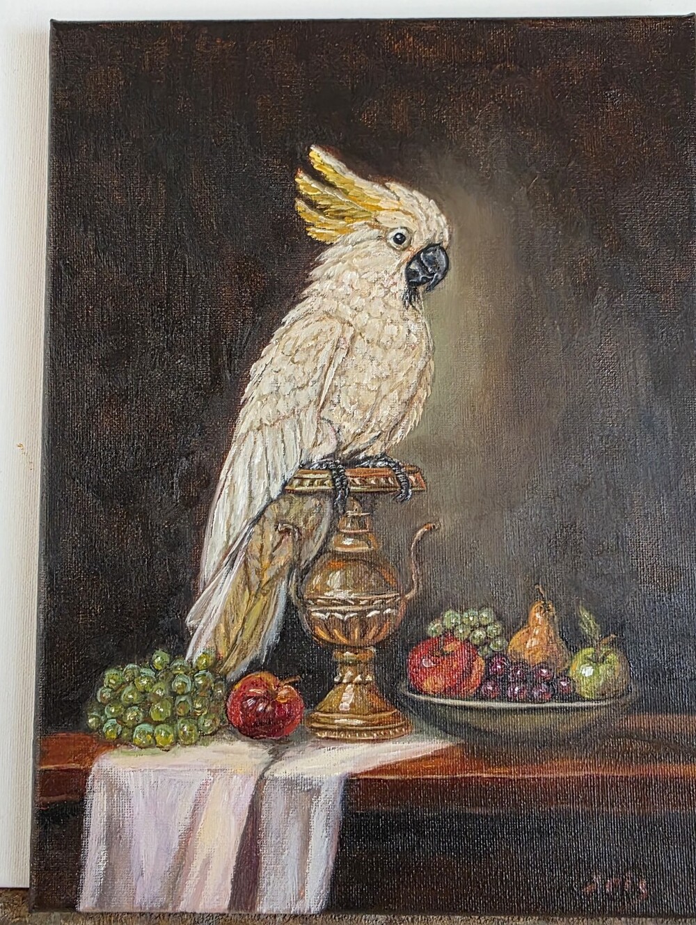 Original oil hand painted StillLife Parrot, Grapes